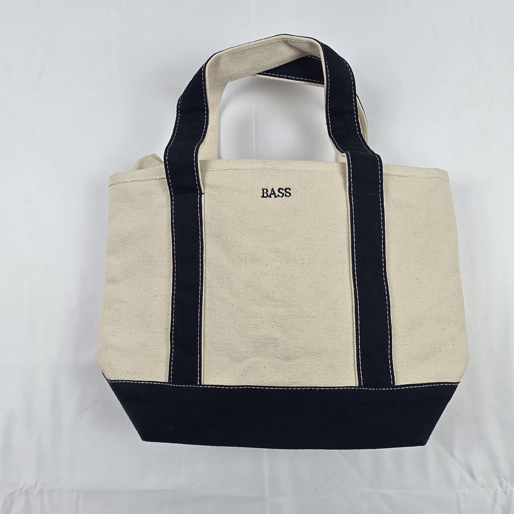 Bass Tote Bag Womens Small Beige Canvas Blue Trim Zip Top Beach Casual Utility